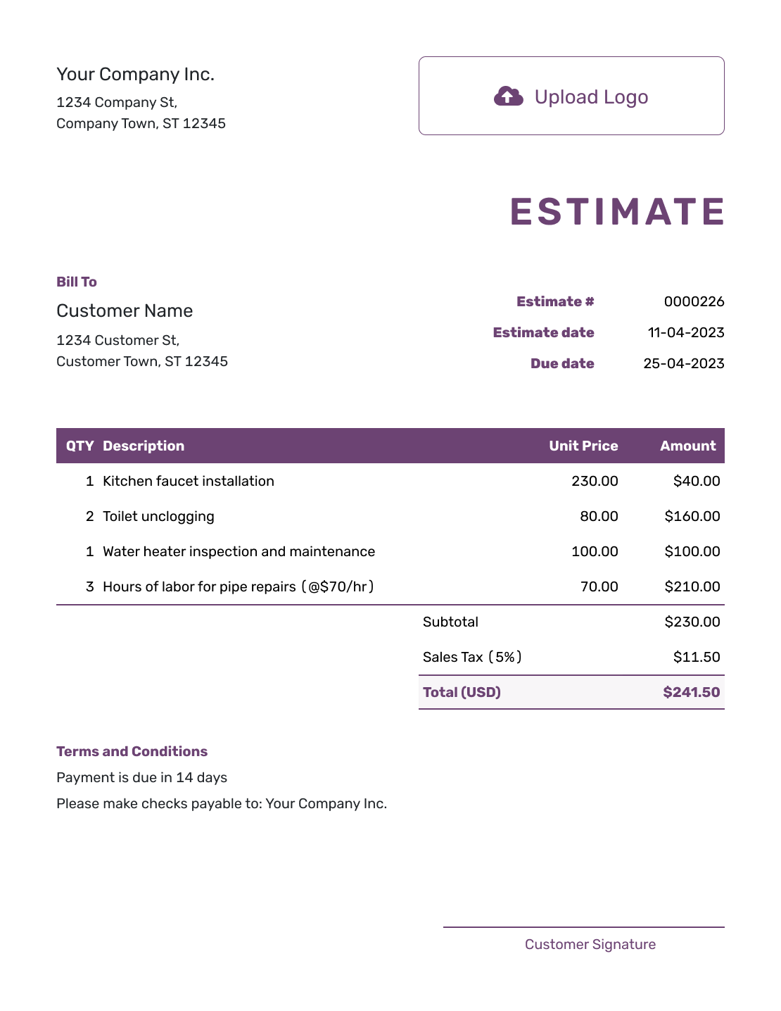 Free Professional Estimate Template