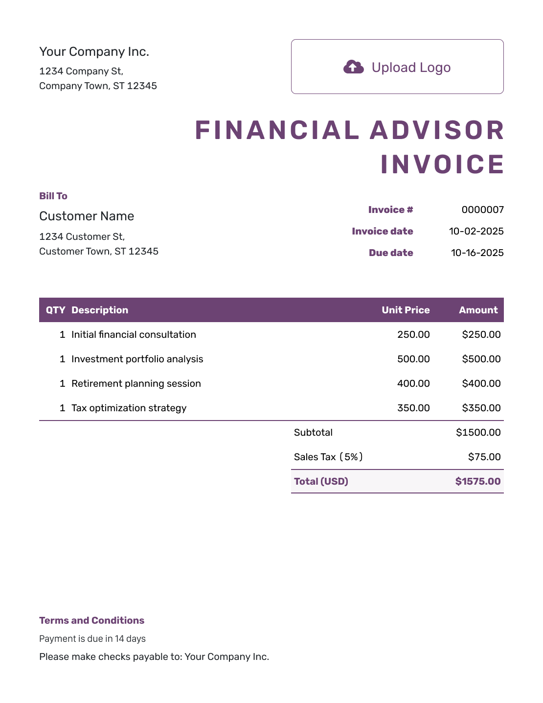 Free Financial Advisor Invoice Template