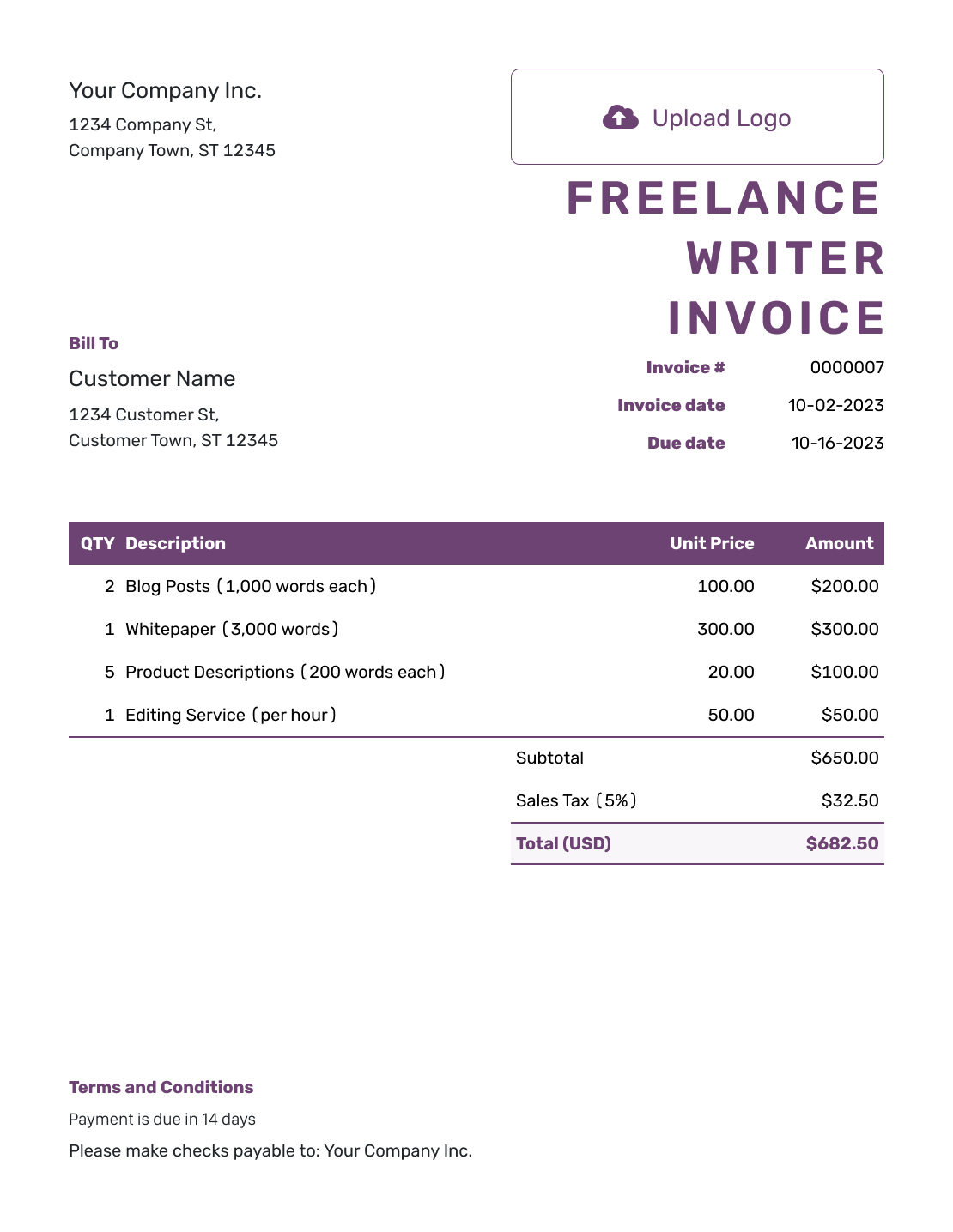 Free Freelance Writer Invoice Template