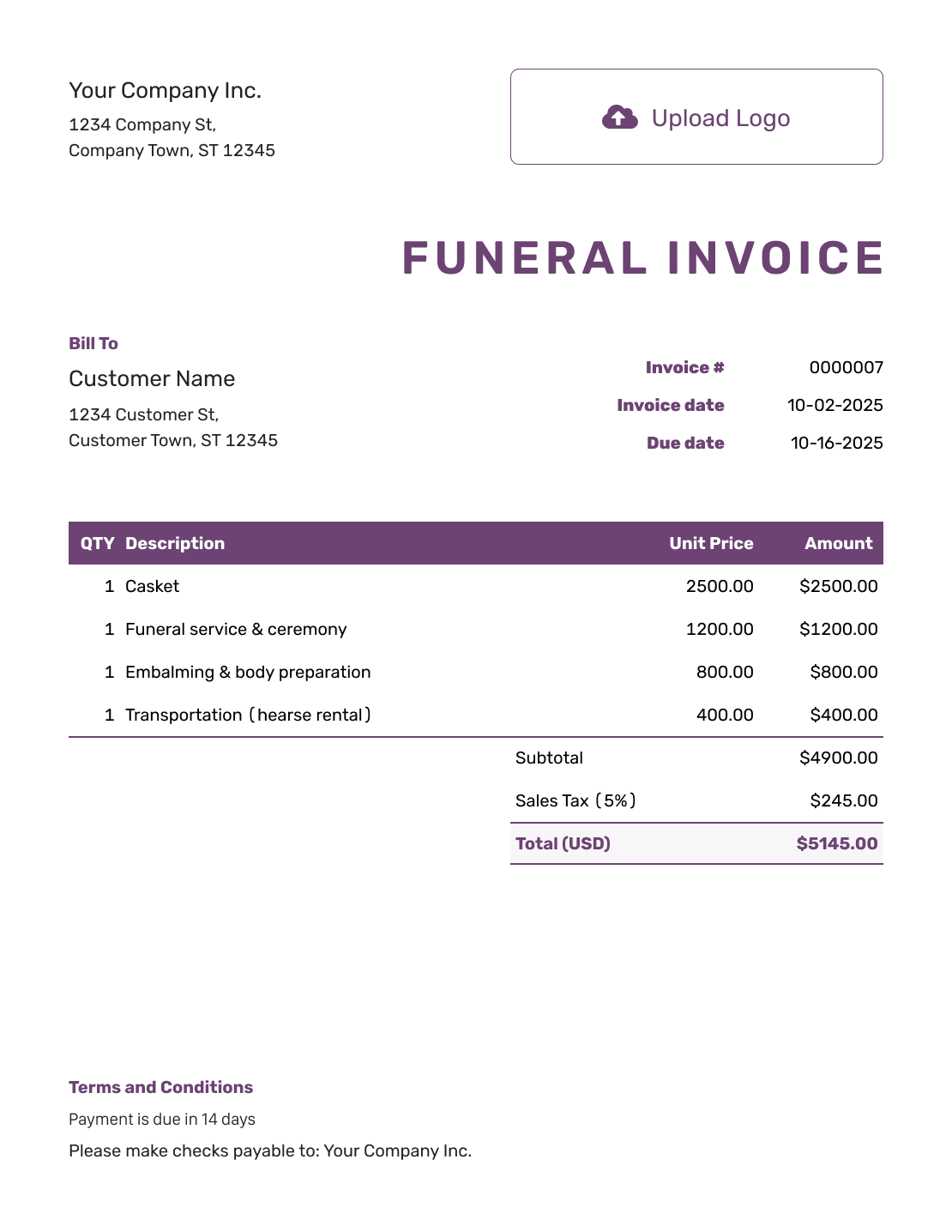 Free Funeral Invoice Template