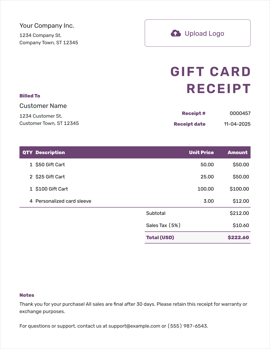 Free Gift Card Receipt Template