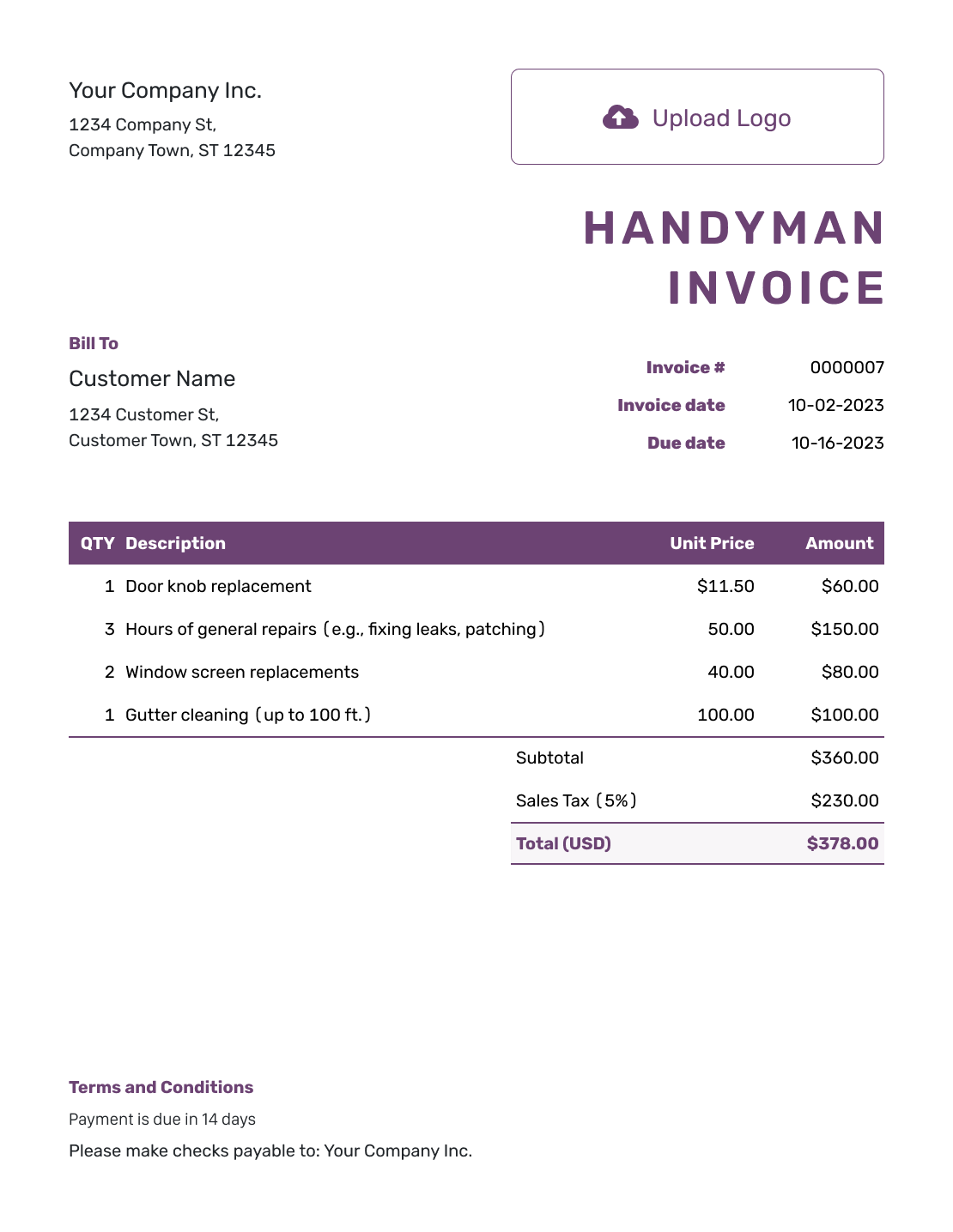 Free Handyman Invoice Template