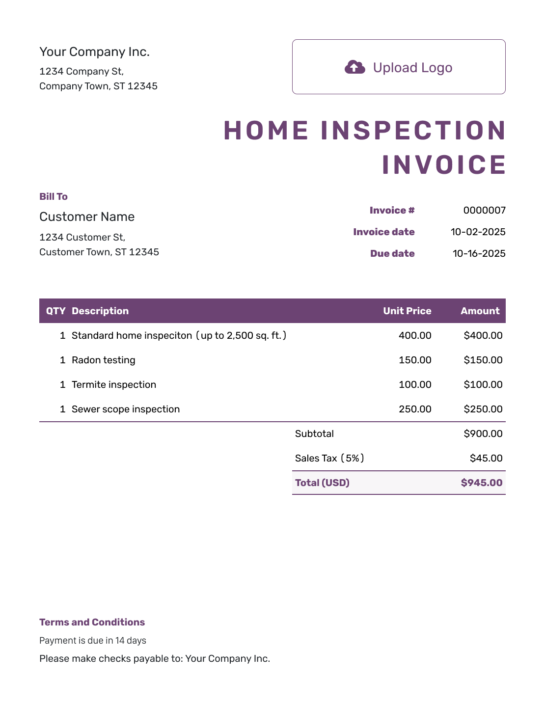 Free Home Inspection Invoice Template