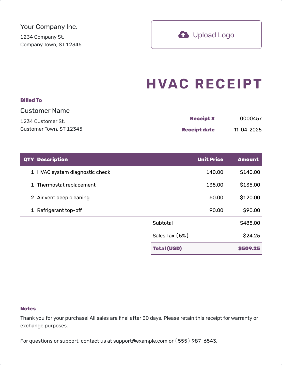 Free HVAC Receipt Template