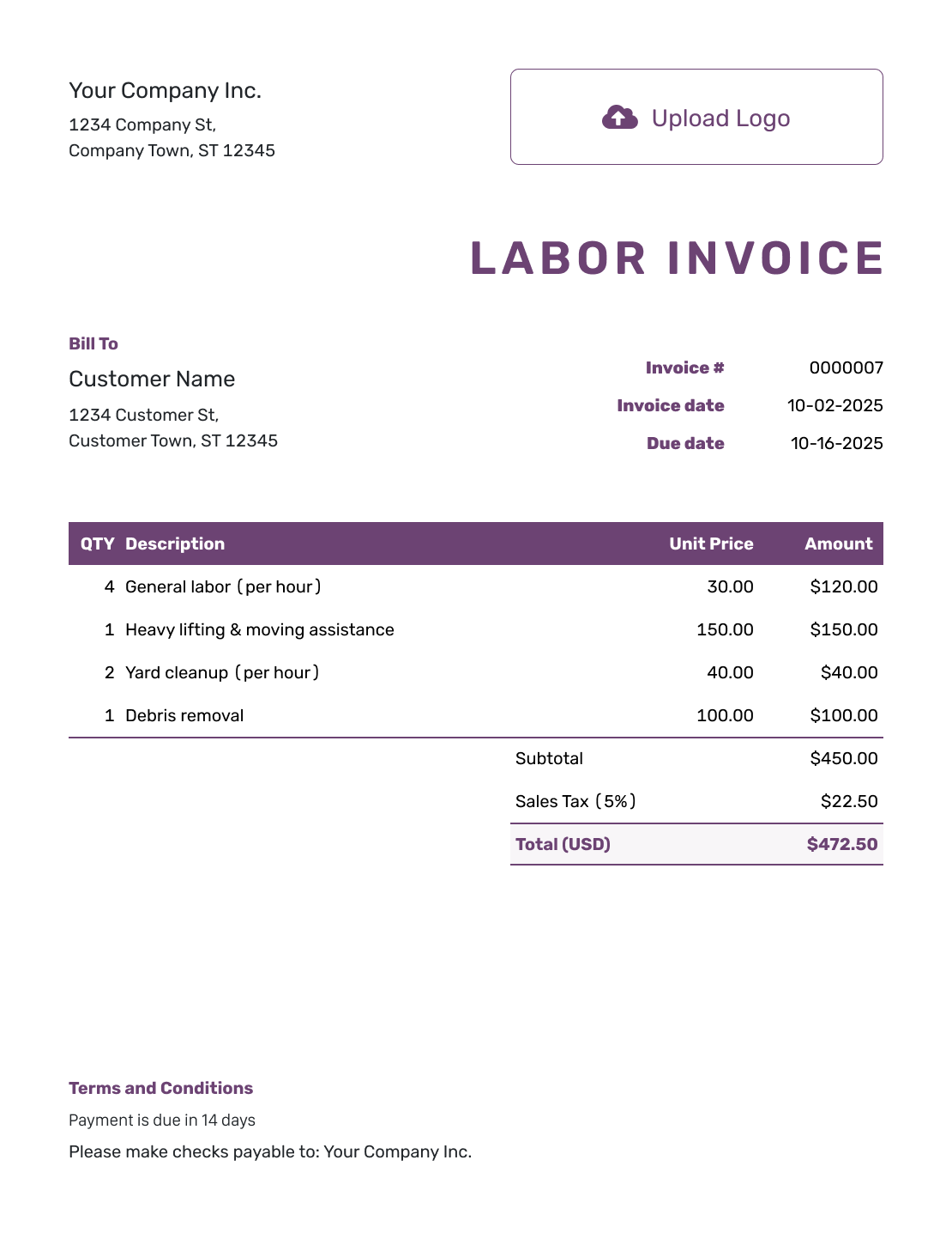 Free Labor Invoice Template