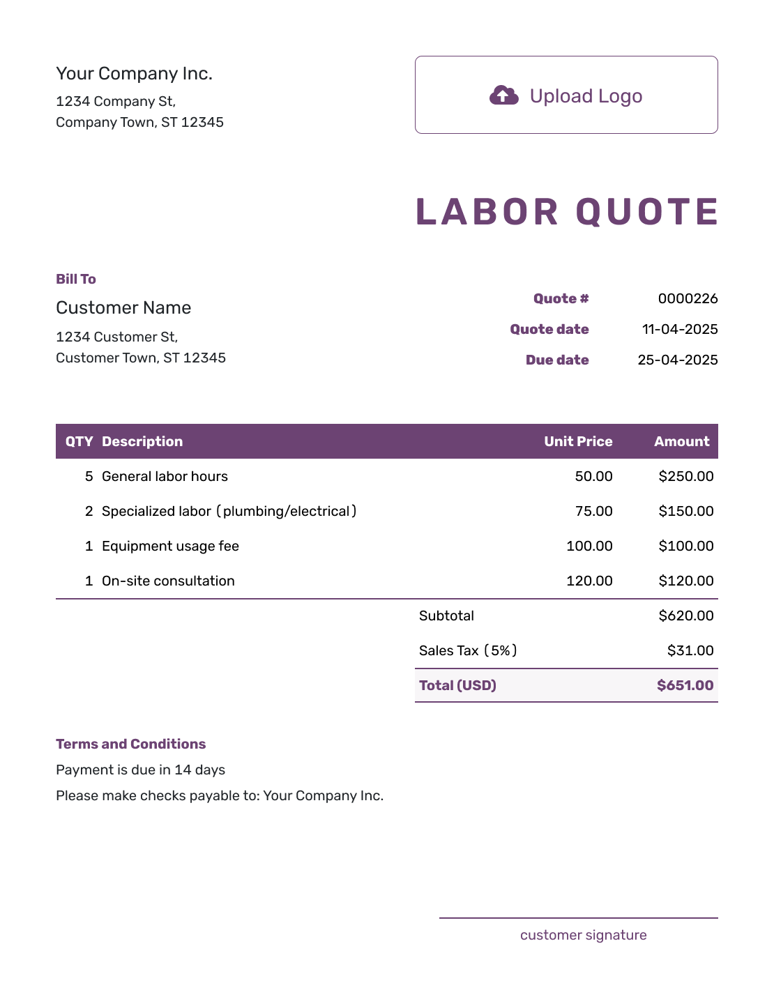 Free Labor Quote Template