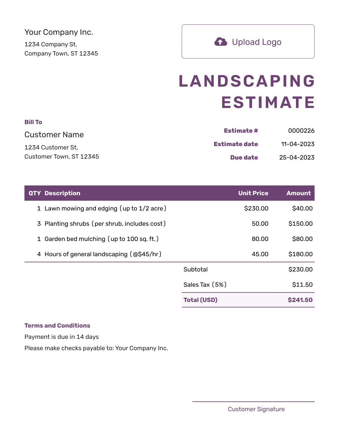 Free Landscaping Estimate Template