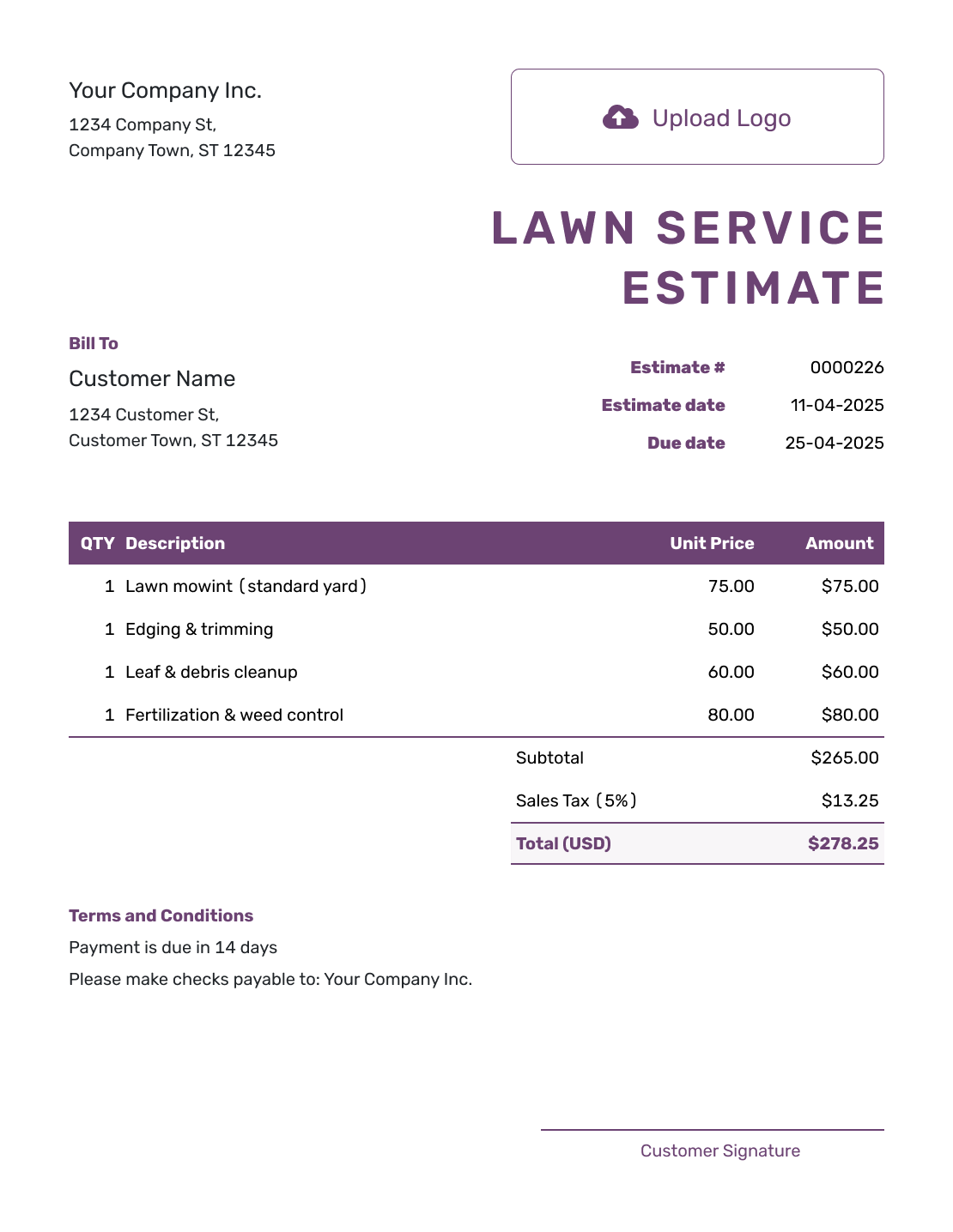 Free Lawn Service Estimate Template