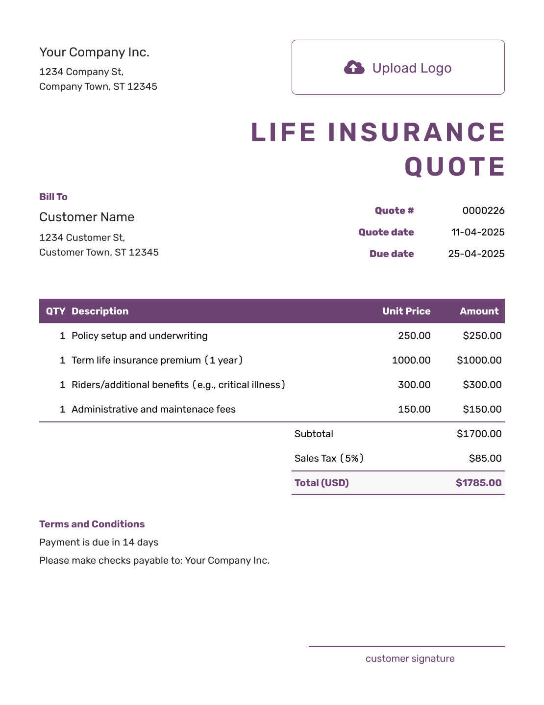 Free Life Insurance Quote Template