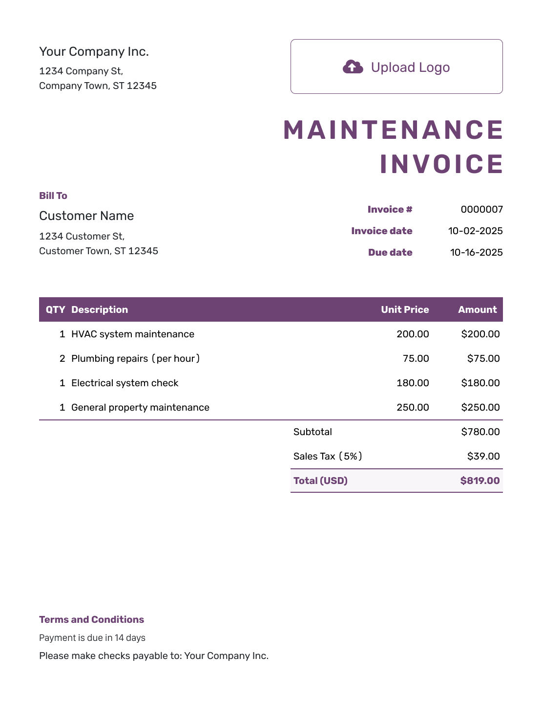 Free Maintenance Invoice Template