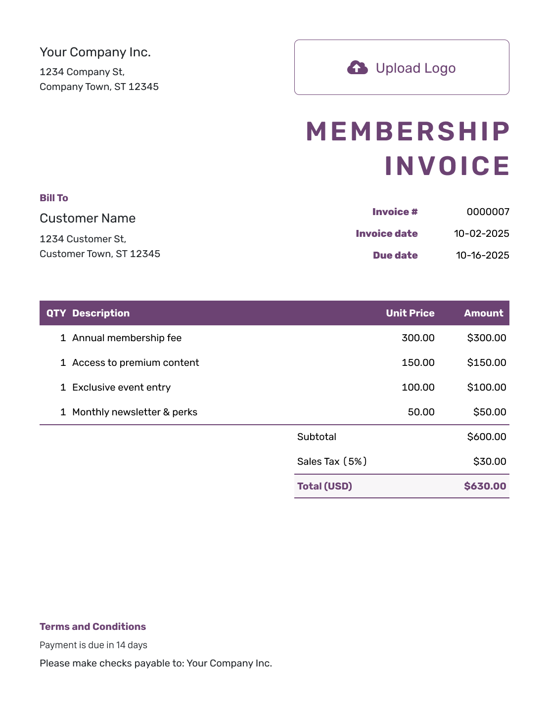 Free Membership Invoice Template