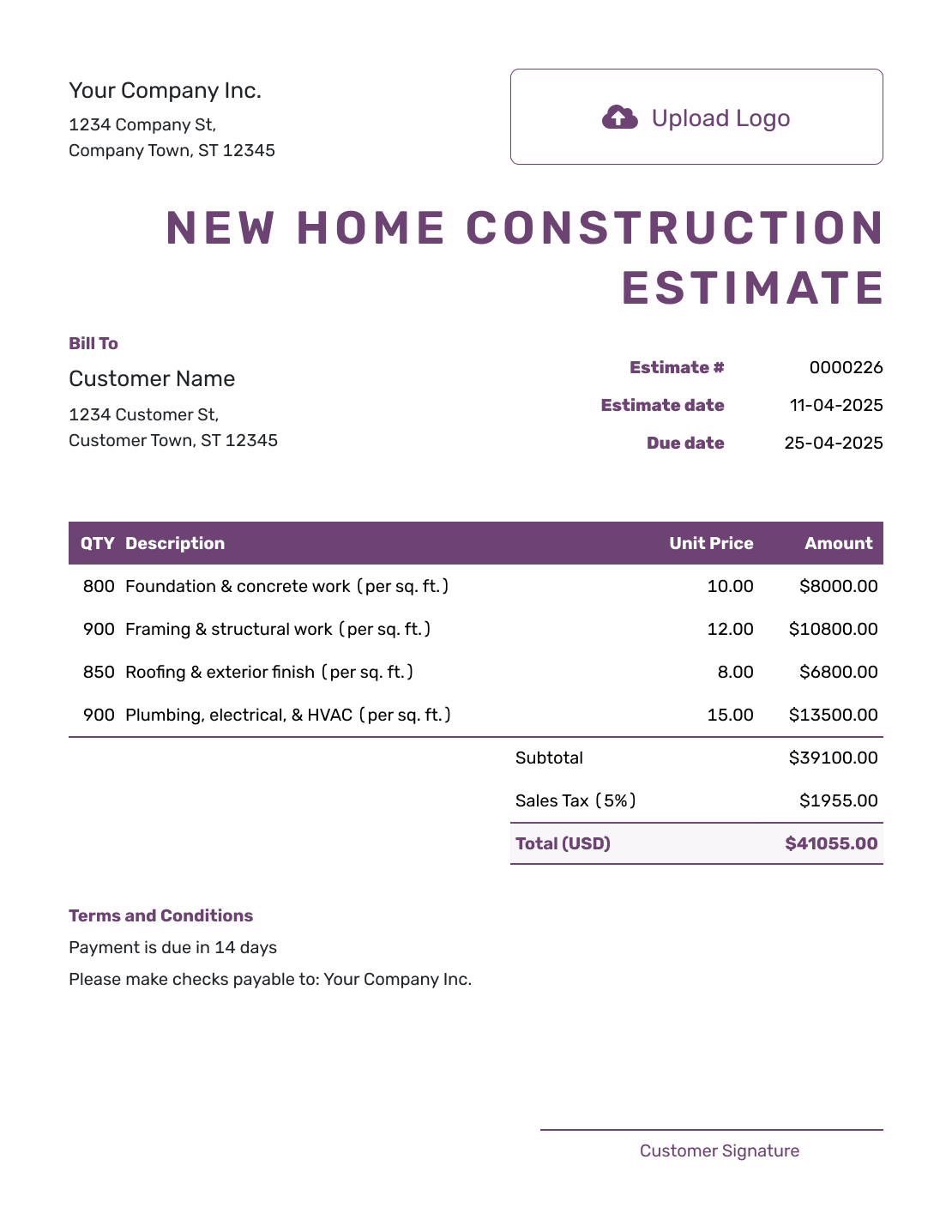 New Home Construction Estimate Template