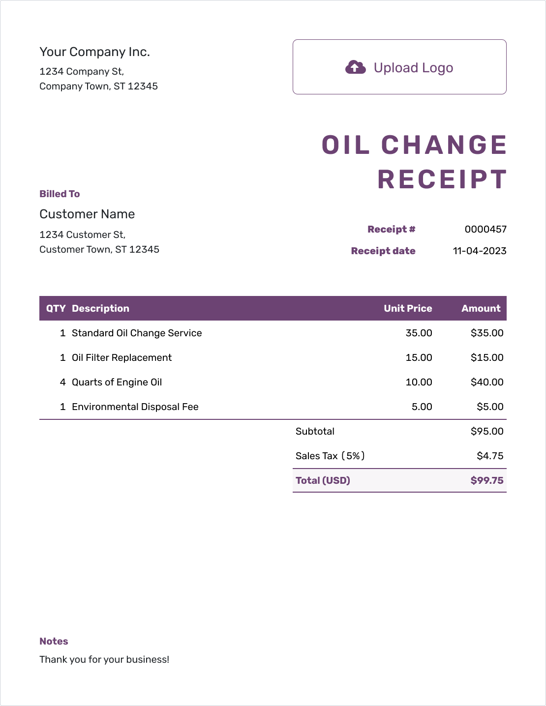 Free Oil Change Receipt Template