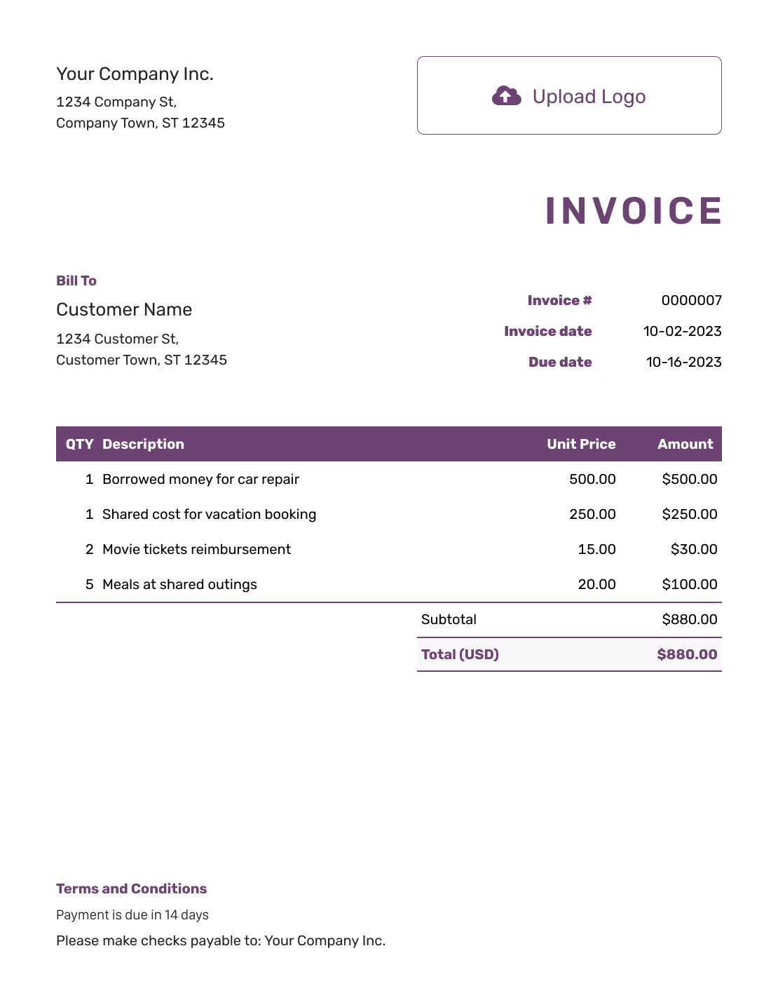 Free Personal Invoice Template