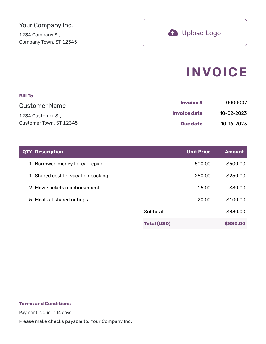Free Personal Invoice Template | docelf.com