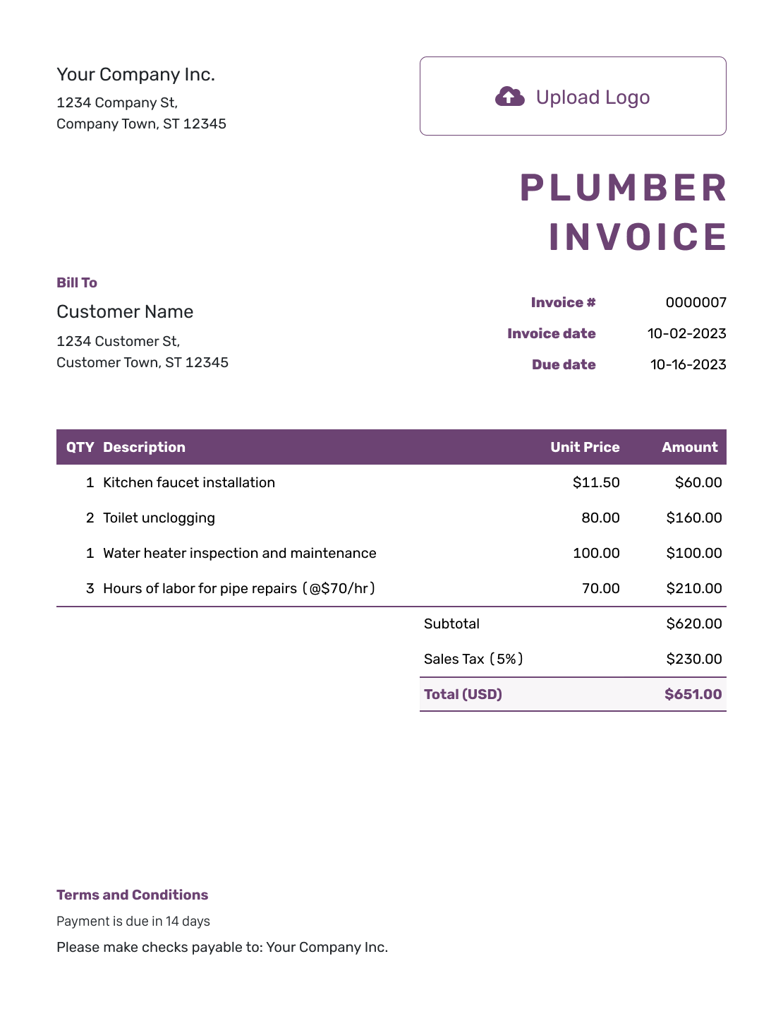 Free Plumber Invoice Template