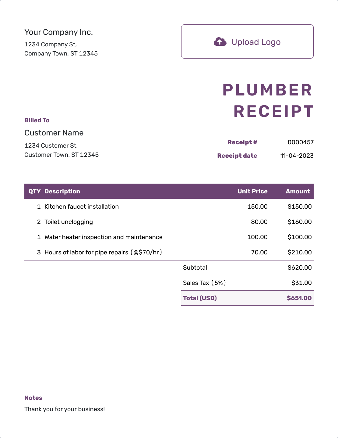 Free Plumber Receipt Template