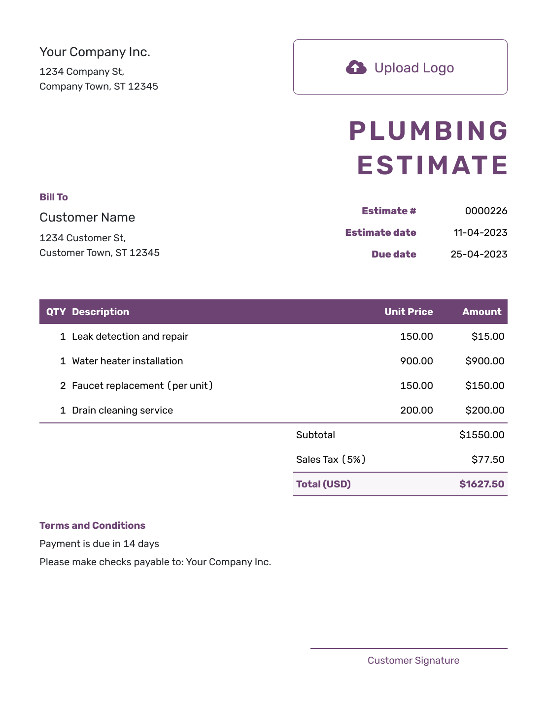 Free Plumbing Estimate Template