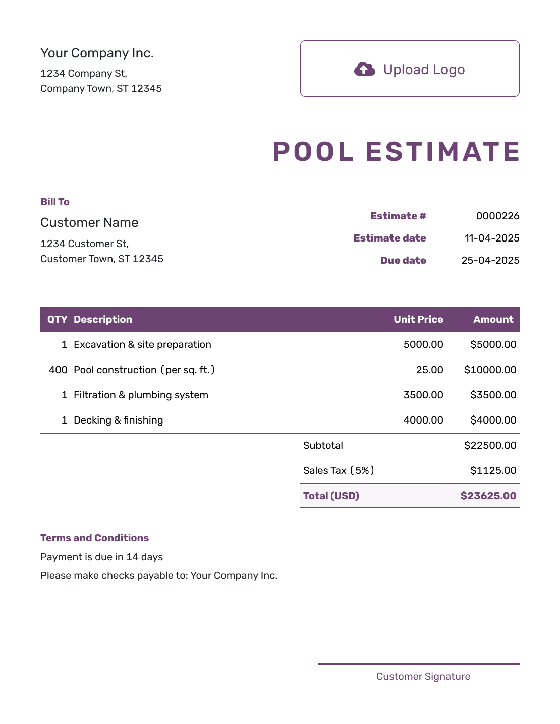 Free Pool Estimate Template