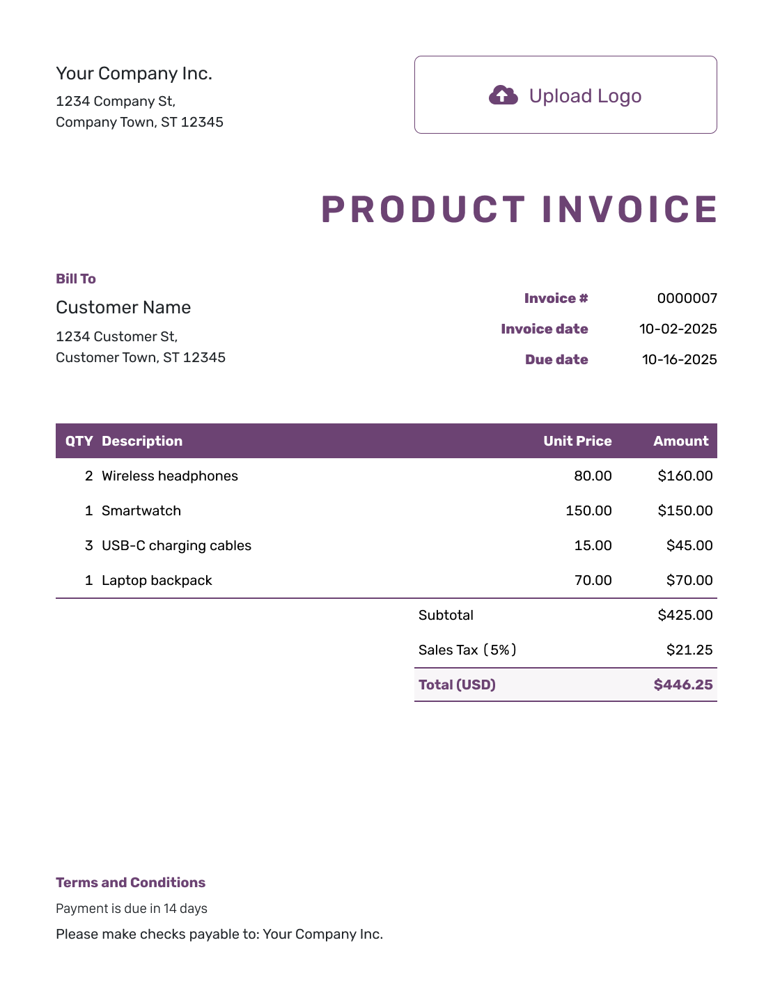 Free Product Invoice Template