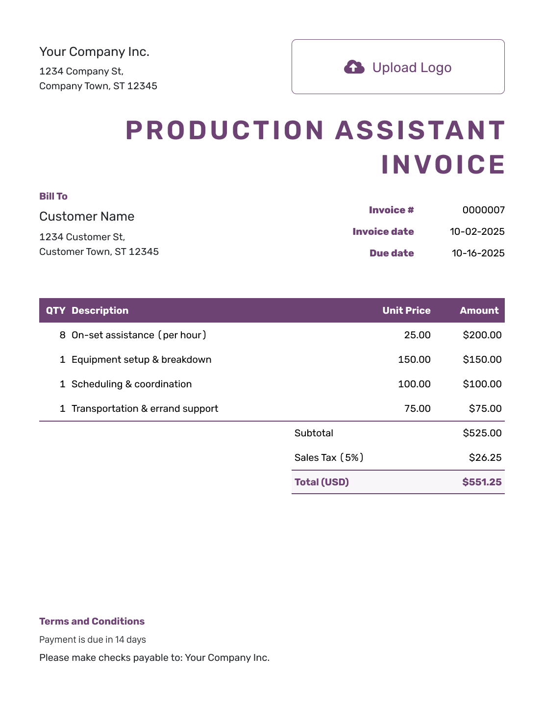 Free Production Assistant Invoice Template