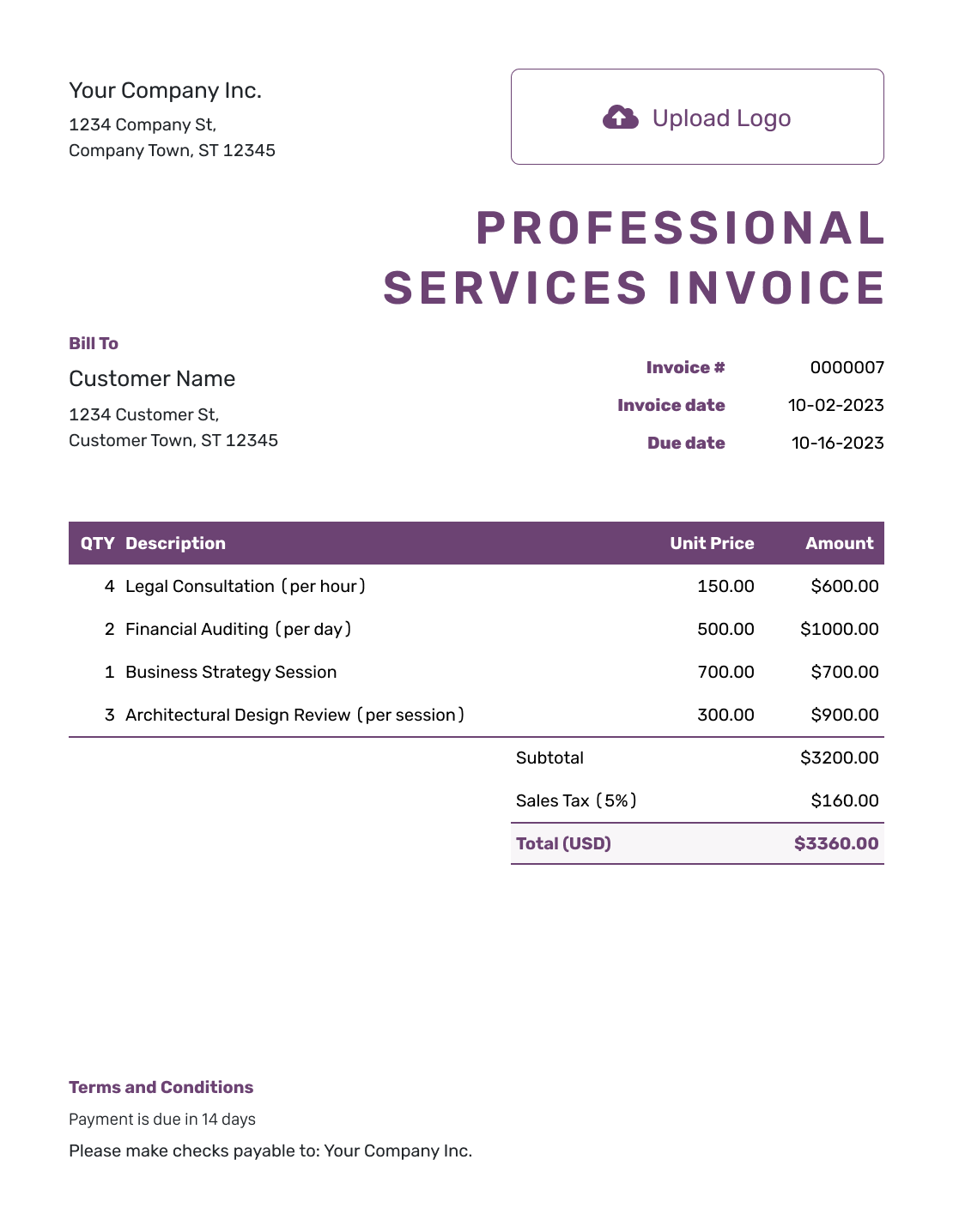 Free Professional Services Invoice Template