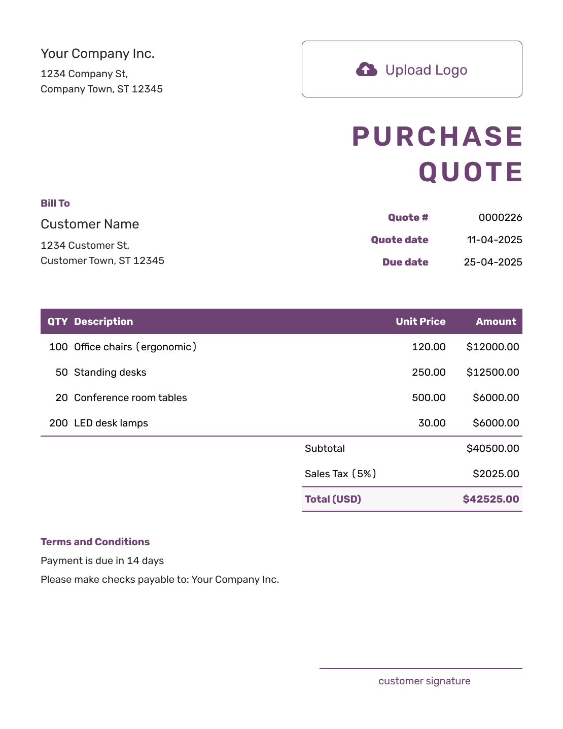 Free Purchase Quote Template