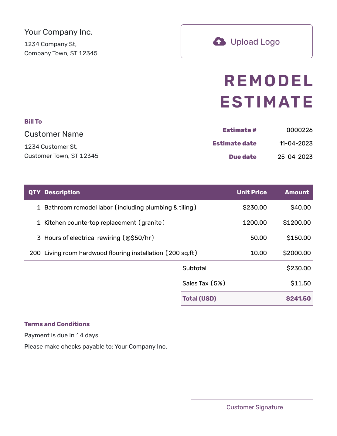 Free Remodel Estimate Template