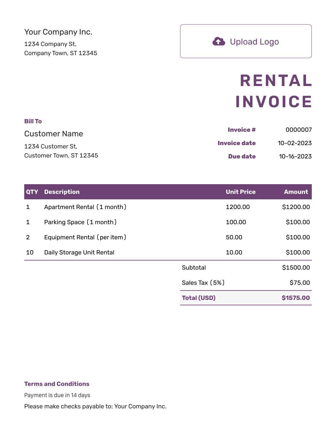 Free Rental Invoice Template