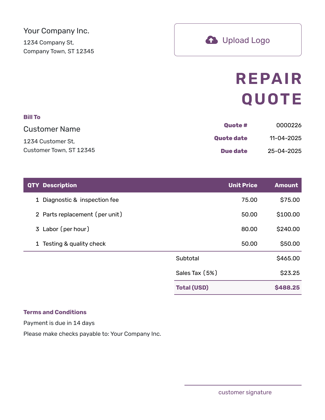 Free Repair Quote Template