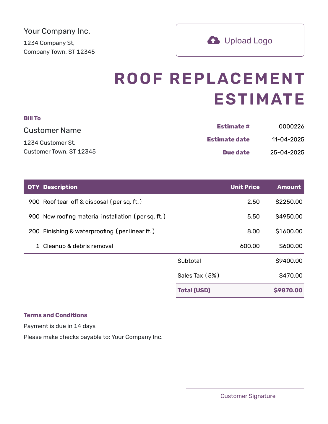 Free Roof Replacement Estimate Template