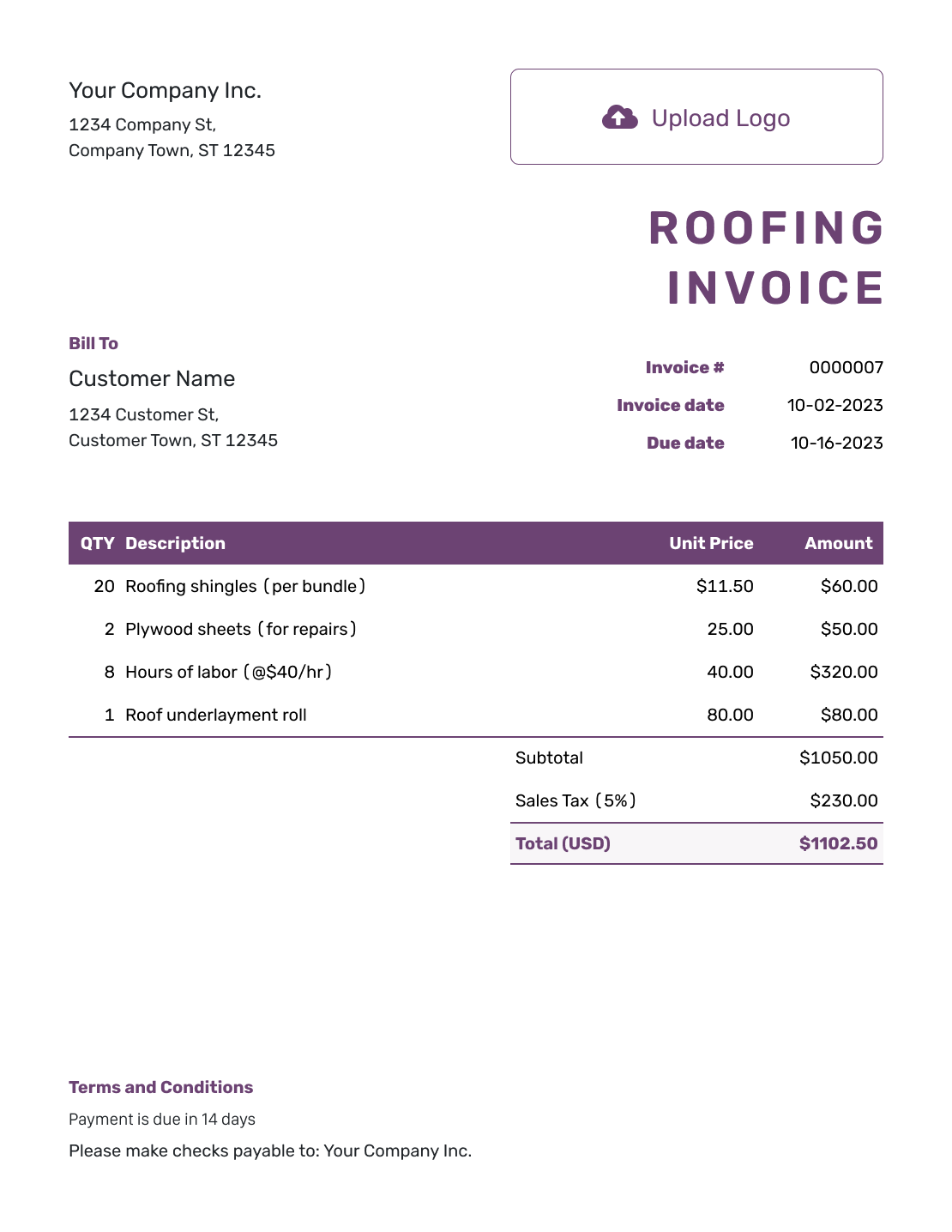 Free Roofing Invoice Template