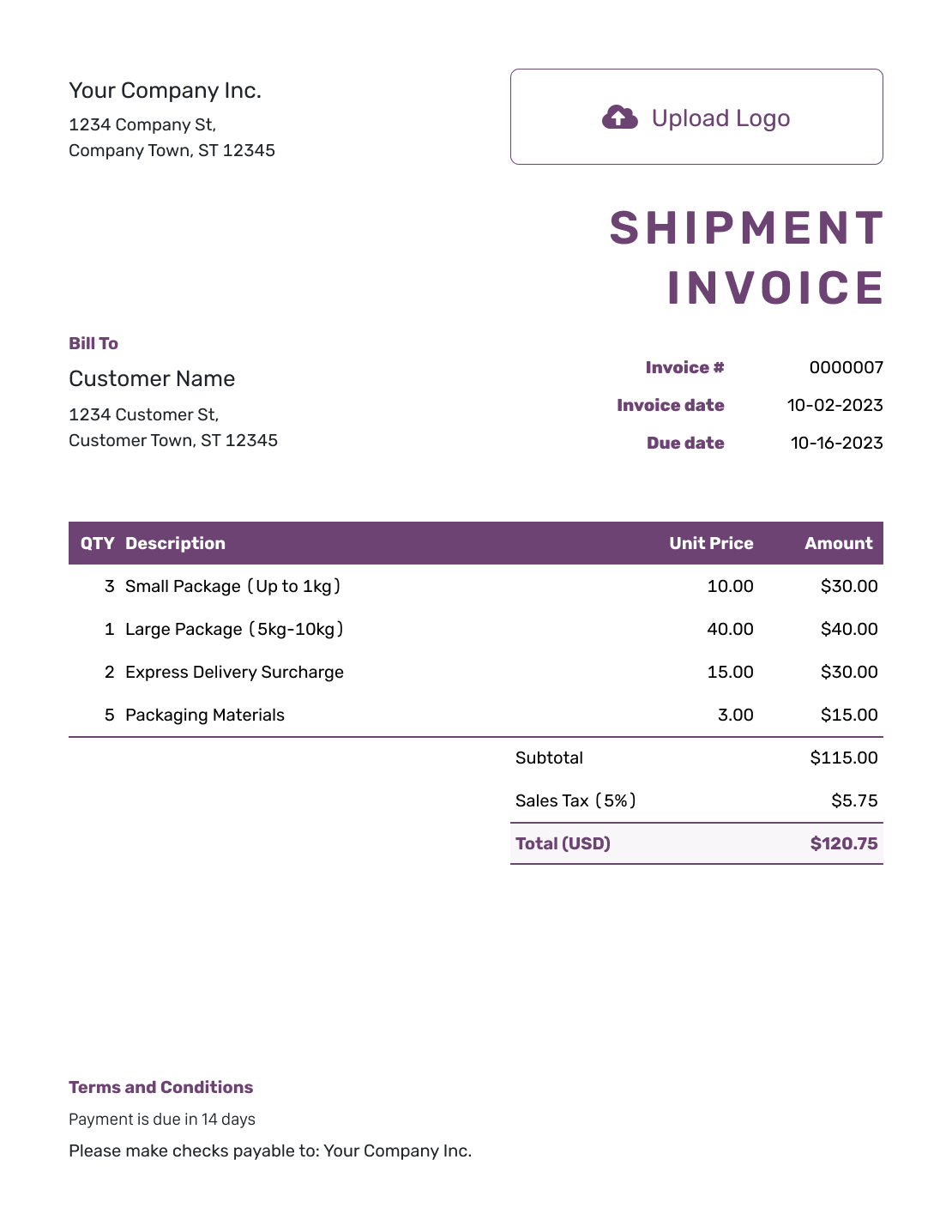 Free Shipment Invoice Template