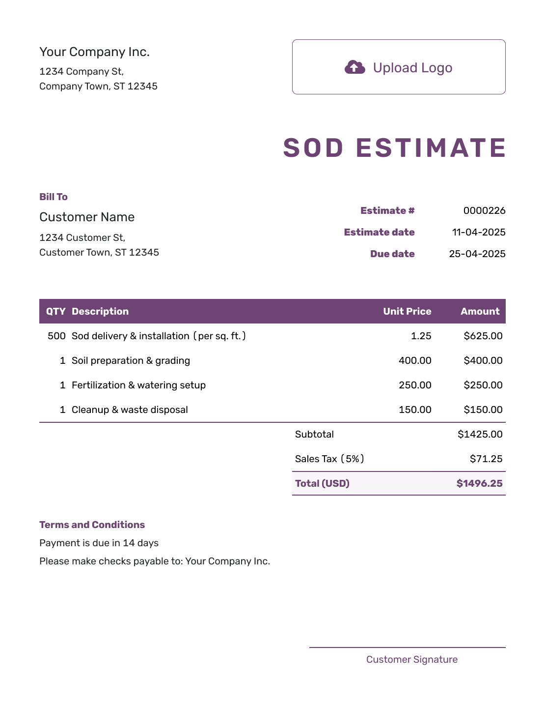 Free Sod Estimate Template