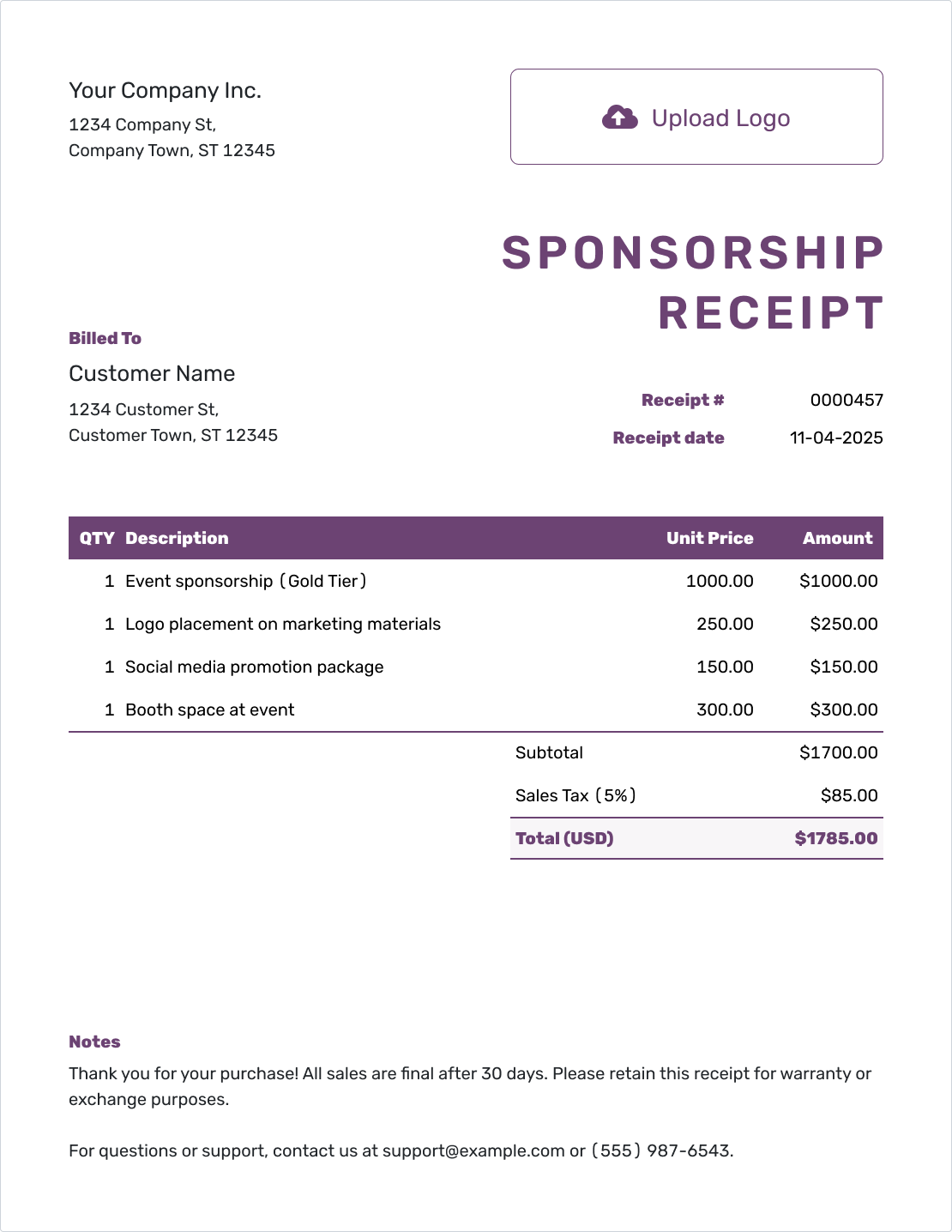 Free Sponsorship Receipt Template
