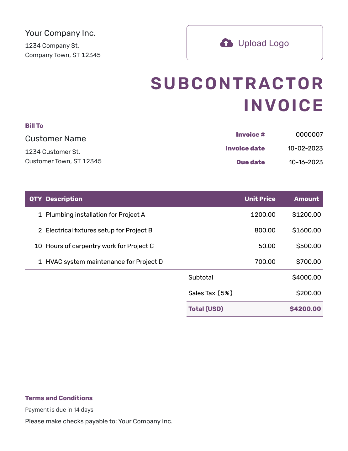 Free Subcontractor Invoice Template