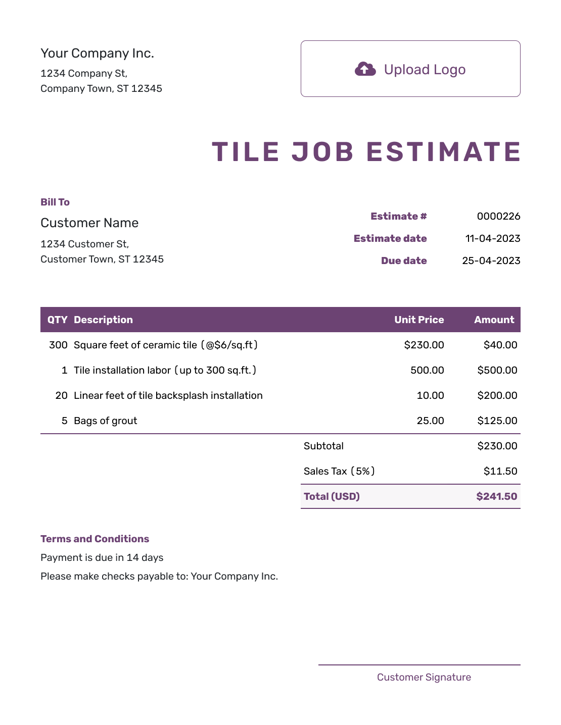 Free Tile Job Estimate Template