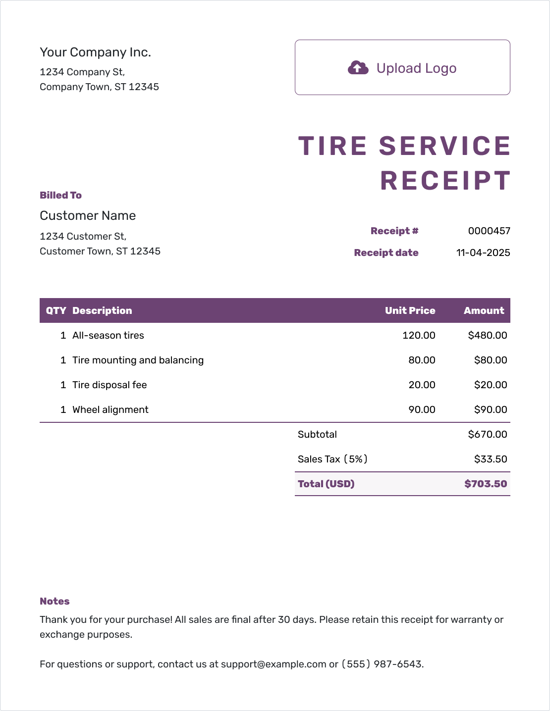 Free Tire Receipt Template