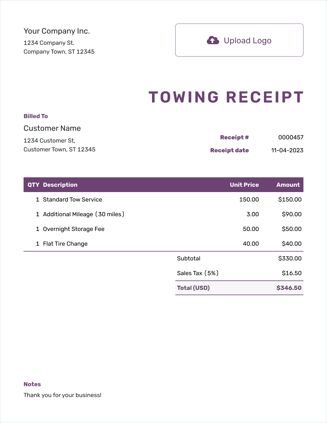 Free Towing Receipt Template