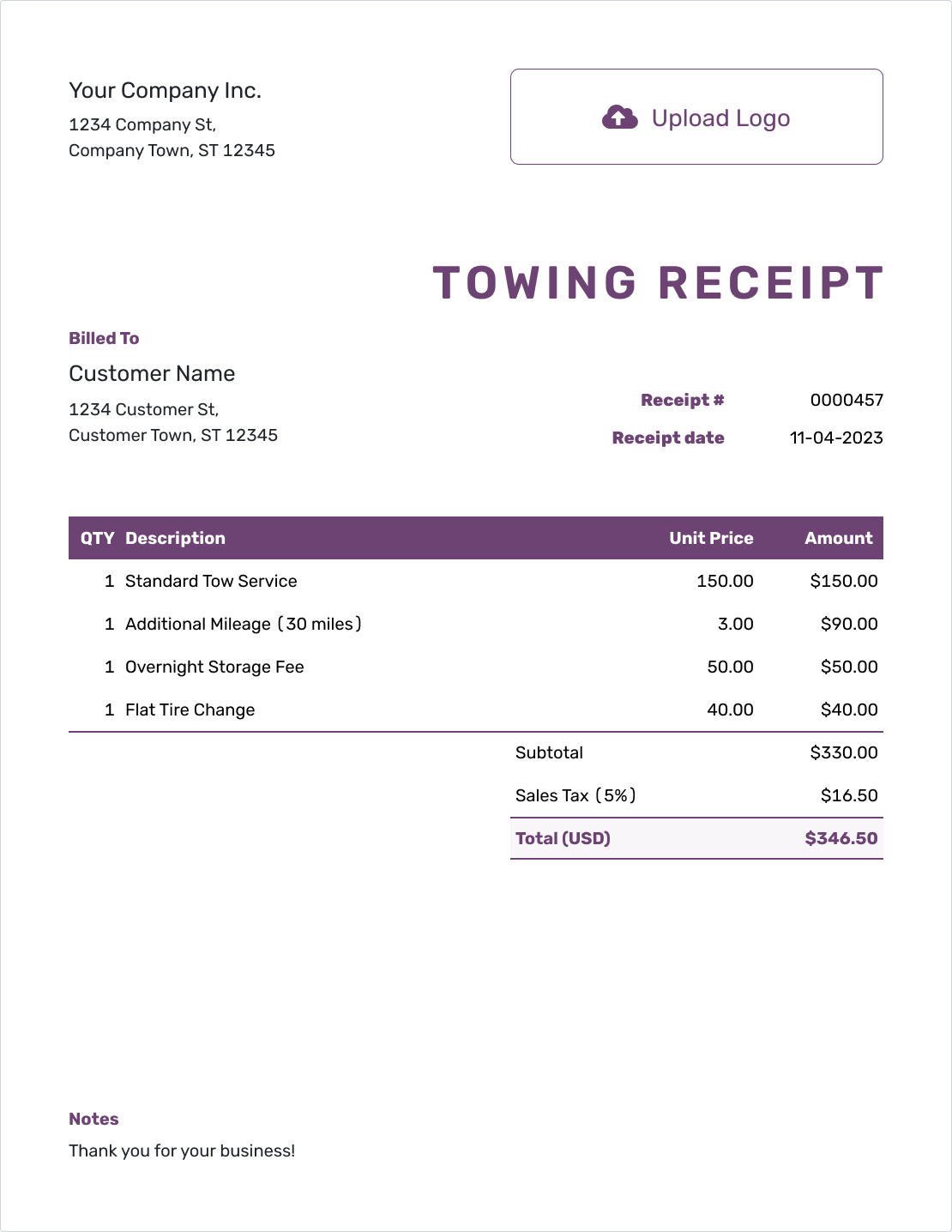Free Towing Receipt Template | docelf.com