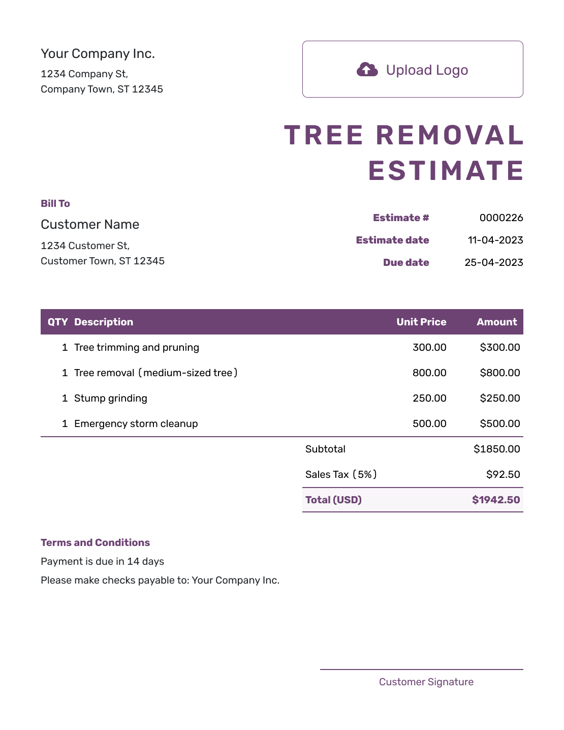 Free Tree Removal Estimate Template