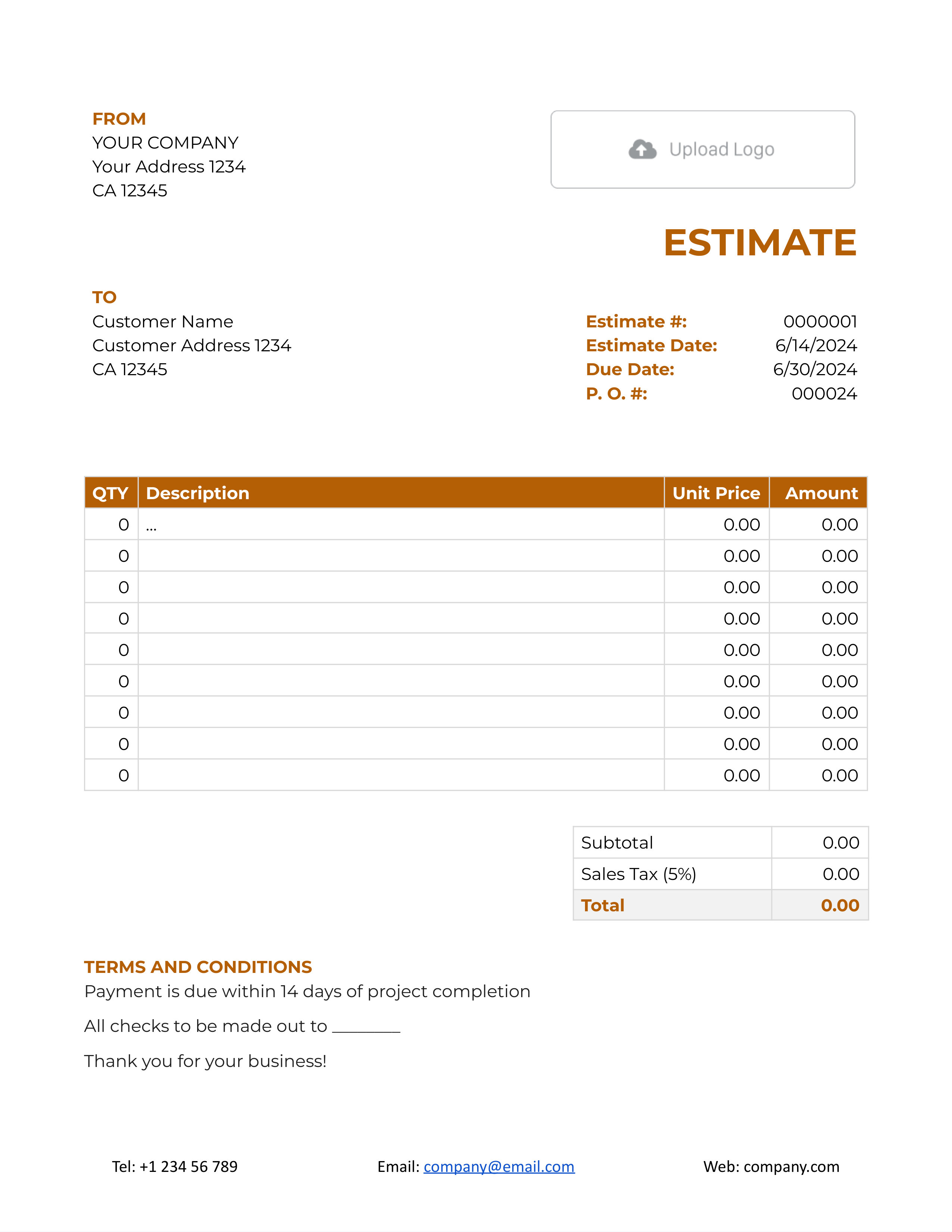 Google Docs Estimate Template with P. O. Number