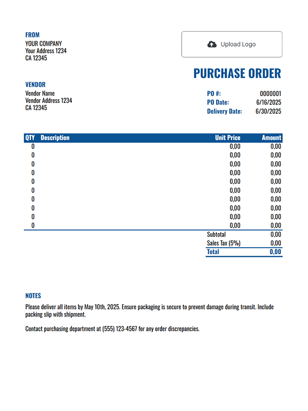 Basic Google Sheets Purchase Order Template