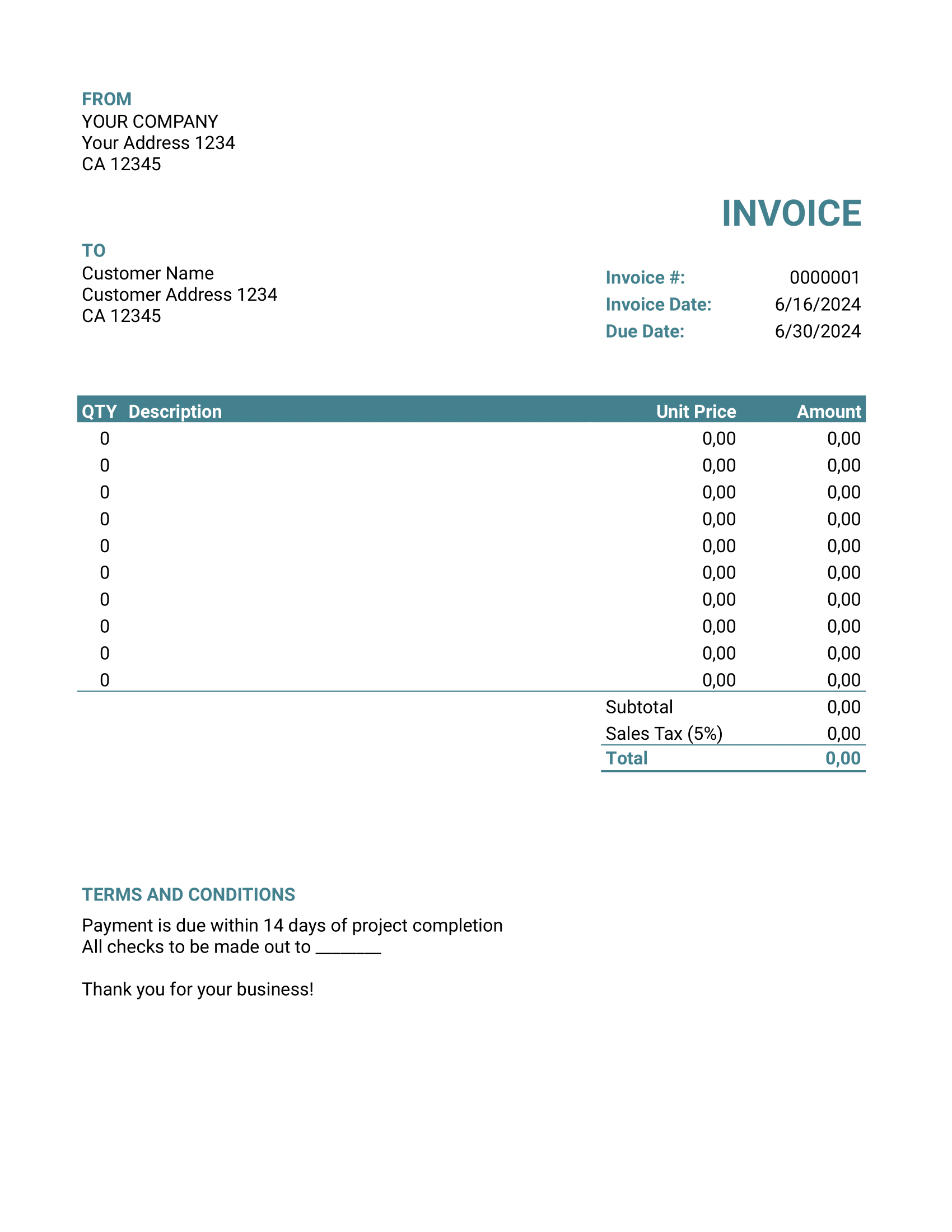 Blank Google Sheets Invoice Template