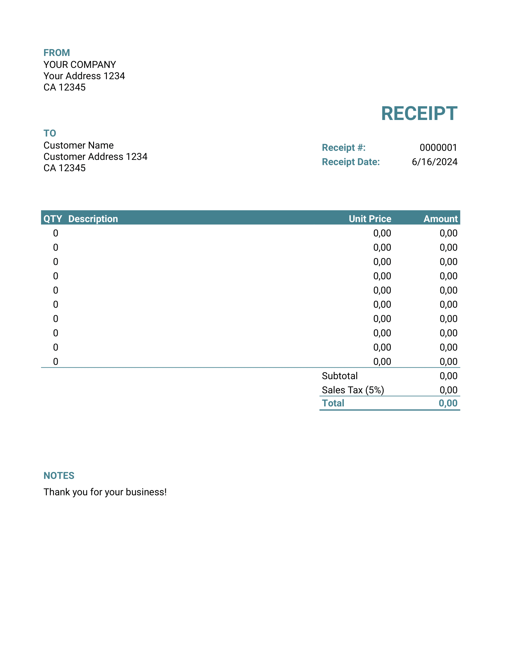 Blank Google Sheets Receipt Template