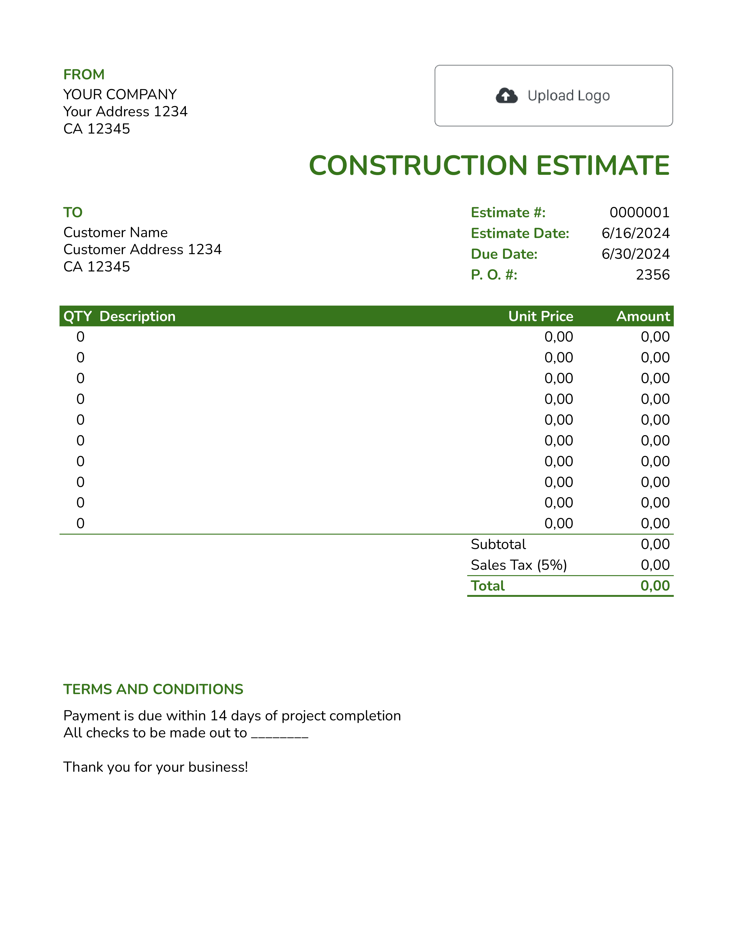 Google Sheets Construction Estimate Template