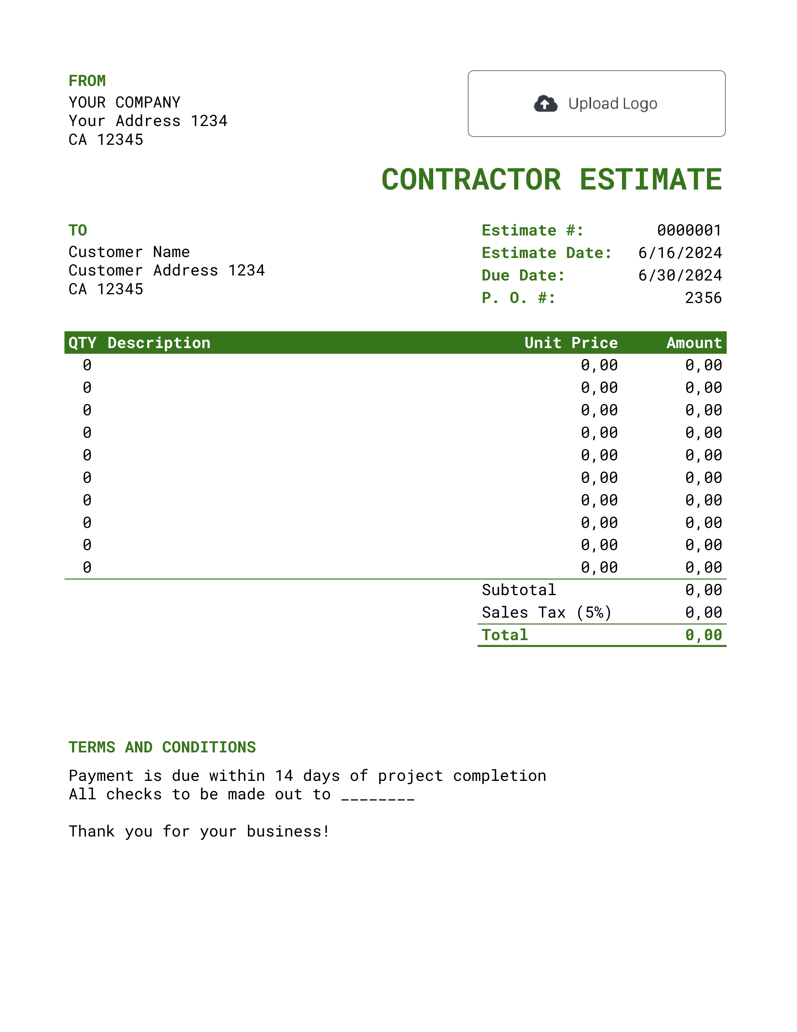 Google Sheets Contractor Estimate Template