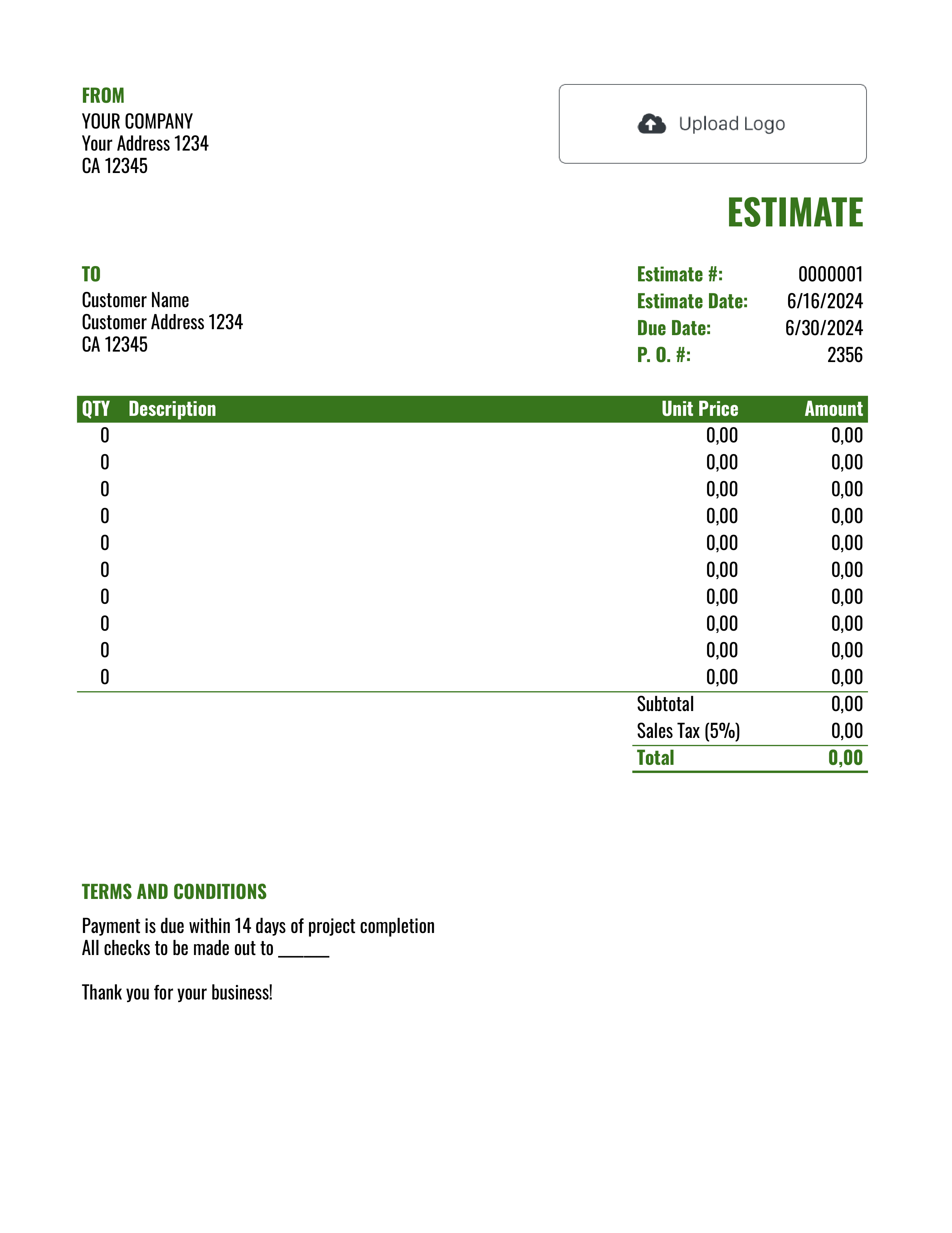 Google Sheets Estimate Template with P. O. Number