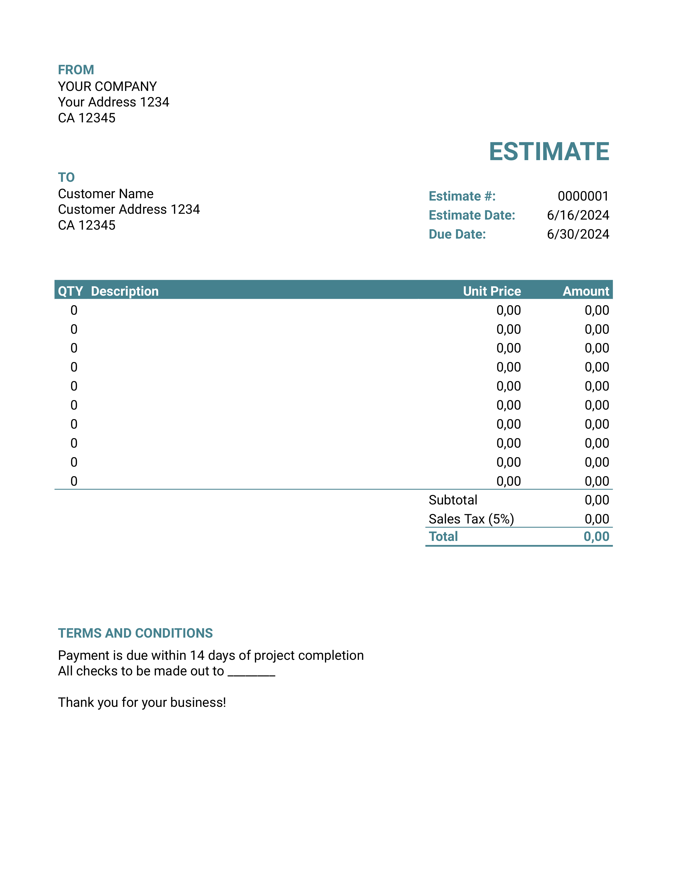 Google Sheets Estimate Template with Sales Tax