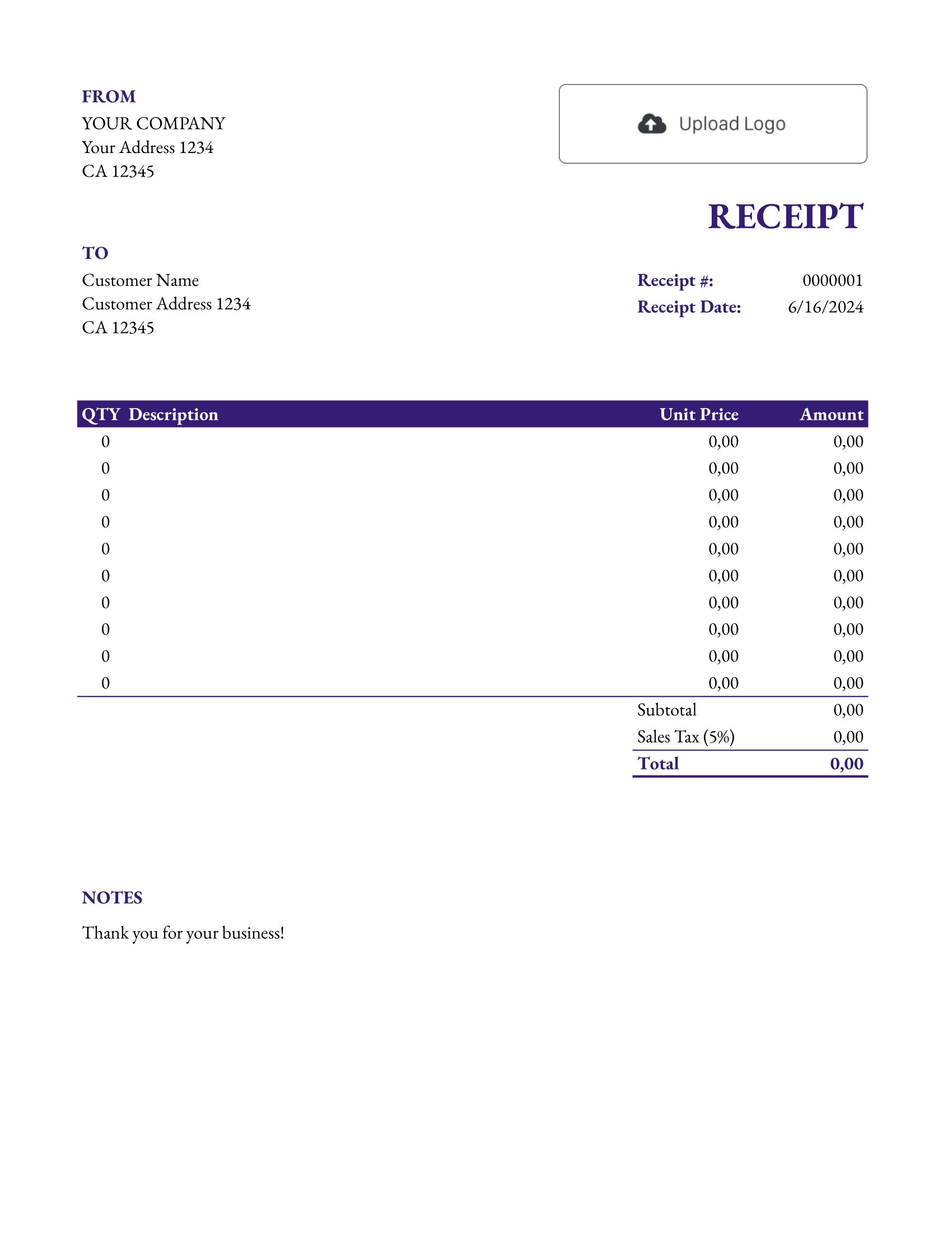 Hourly Google Sheets Receipt Template